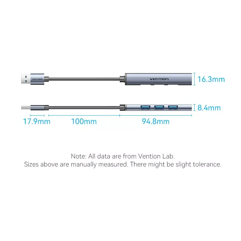 USB-Hub Vention CKOHB — 4-Port USB 3.2 Gen 1/USB 2.0 Hub, 0,15 m Kabel, grau Aluminium