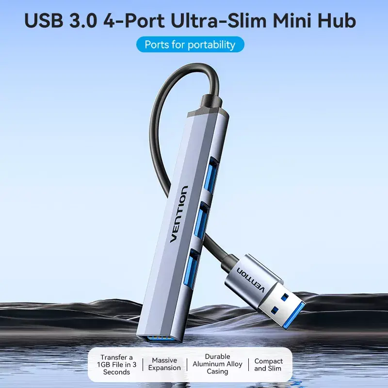 USB-Hub Vention CKOHB — 4-Port USB 3.2 Gen 1/USB 2.0 Hub, 0,15 m Kabel, grau Aluminium