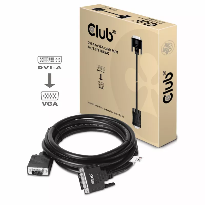 DVI-A-zu-VGA-Kabel M/M CLUB3D CAC-1243 3m 28 AWG Schwarz