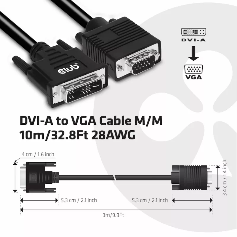 DVI-A-zu-VGA-Kabel M/M CLUB3D CAC-1243 3m 28 AWG Schwarz