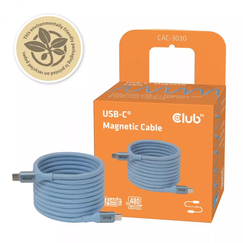CLUB3D USB-C® Magnetic-Coil 240W PD3.1 Blaues Kabel 2m / 6.56ft Schnellladung