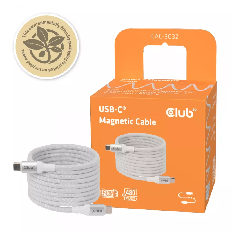USB-C Magnetic-Coil-Kabel Club 3D CAC-3032 — weiß, Magnetspulen-Design für Laden und Datenübertragung