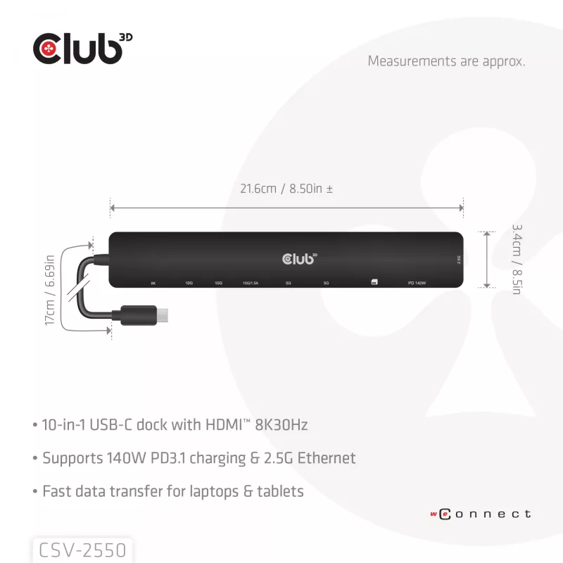 CLUB3D 10-1 Tragbares Dock USB Type-C® 10Gbps auf HDMI™ 8K30Hz PD3.1 max. 140 Watt