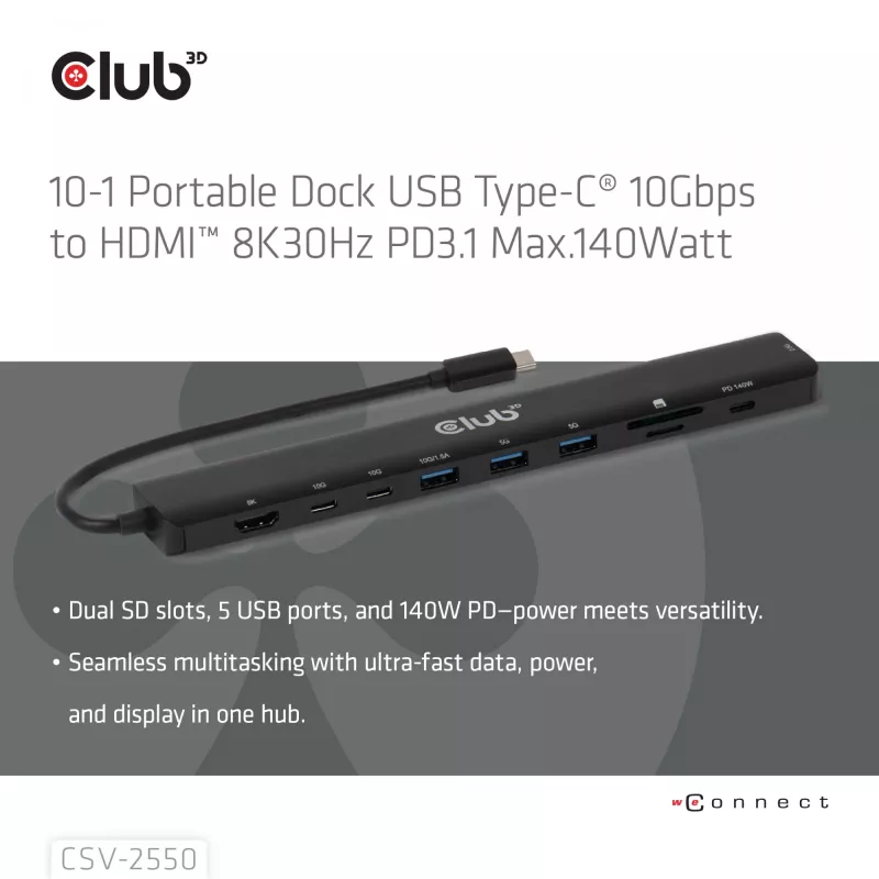 CLUB3D 10-1 Tragbares Dock USB Type-C® 10Gbps auf HDMI™ 8K30Hz PD3.1 max. 140 Watt