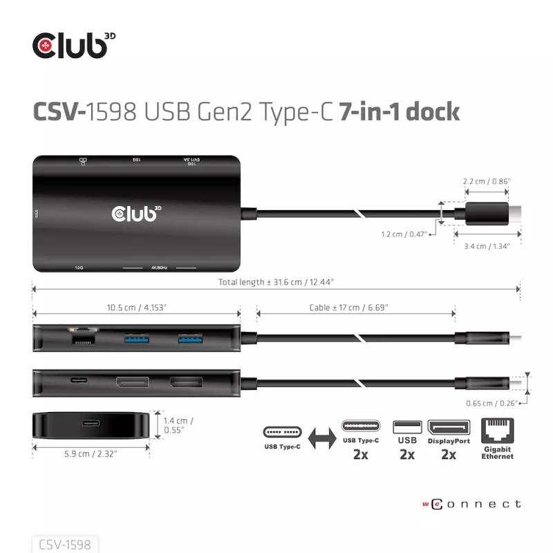 CLUB3D USB Gen2 Type-C to Dual DisplayPort 4k60Hz 7-in-1 HUB
