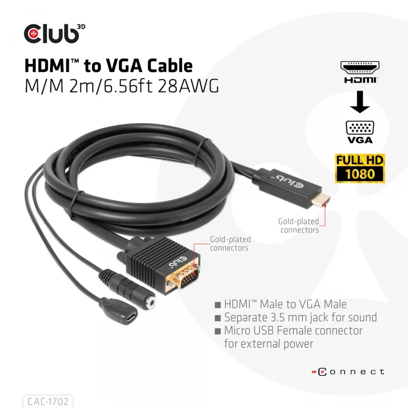 CLUB3D HDMI-zu-VGA-Kabel M/M 2m 28AWG