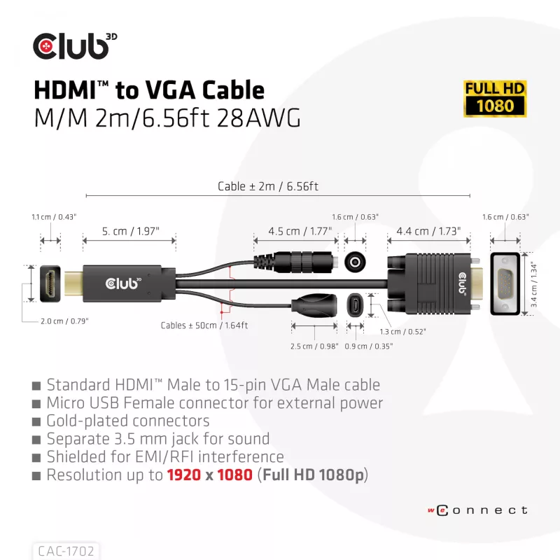 CLUB3D HDMI-zu-VGA-Kabel M/M 2m 28AWG