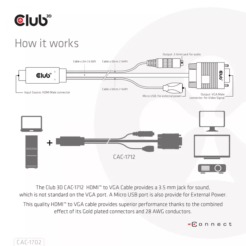 CLUB3D HDMI-zu-VGA-Kabel M/M 2m 28AWG