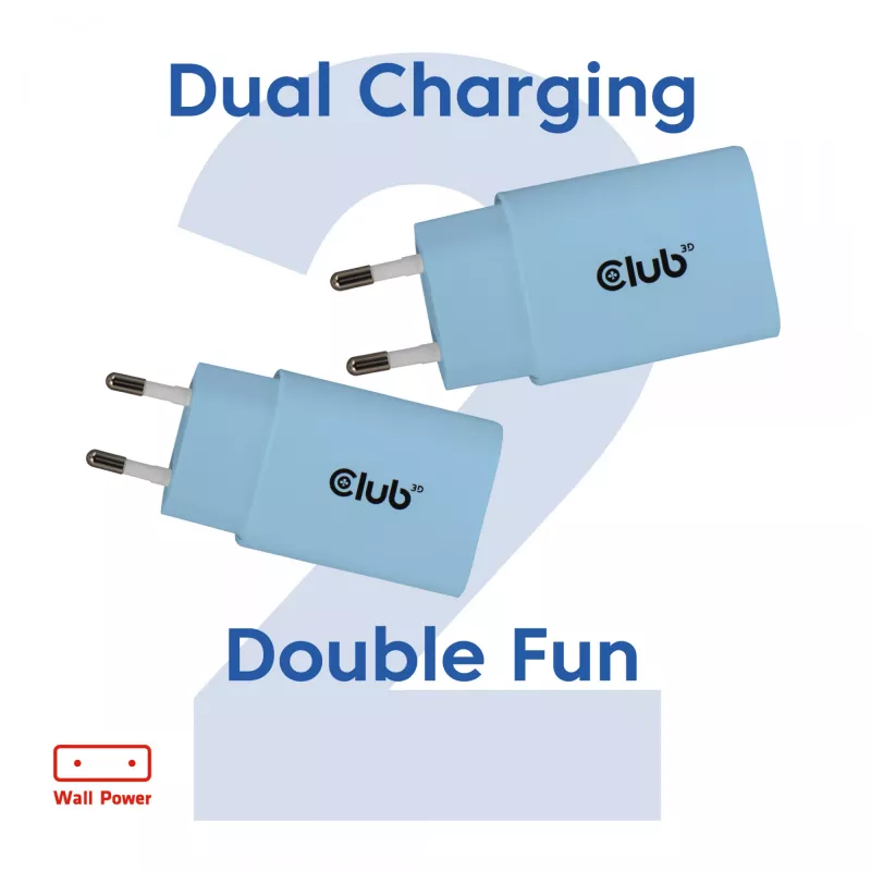 CLUB3D 2-Pack USB-C-Ladegerät 30 Watt Weiß, Innenbereich, AC, Blau