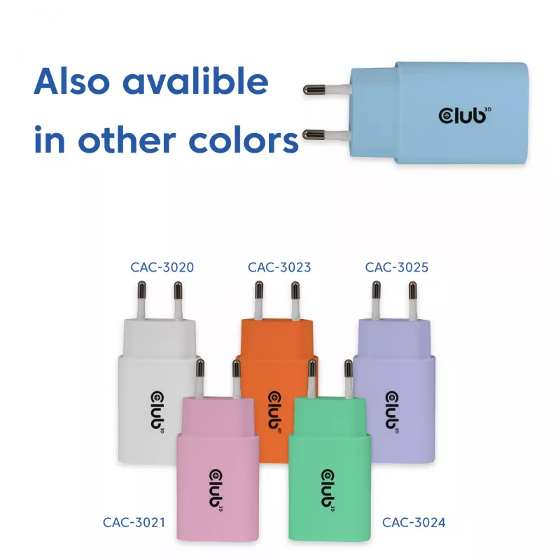 CLUB3D 2-Pack USB-C-Ladegerät 30 Watt Weiß, Innenbereich, AC, Blau