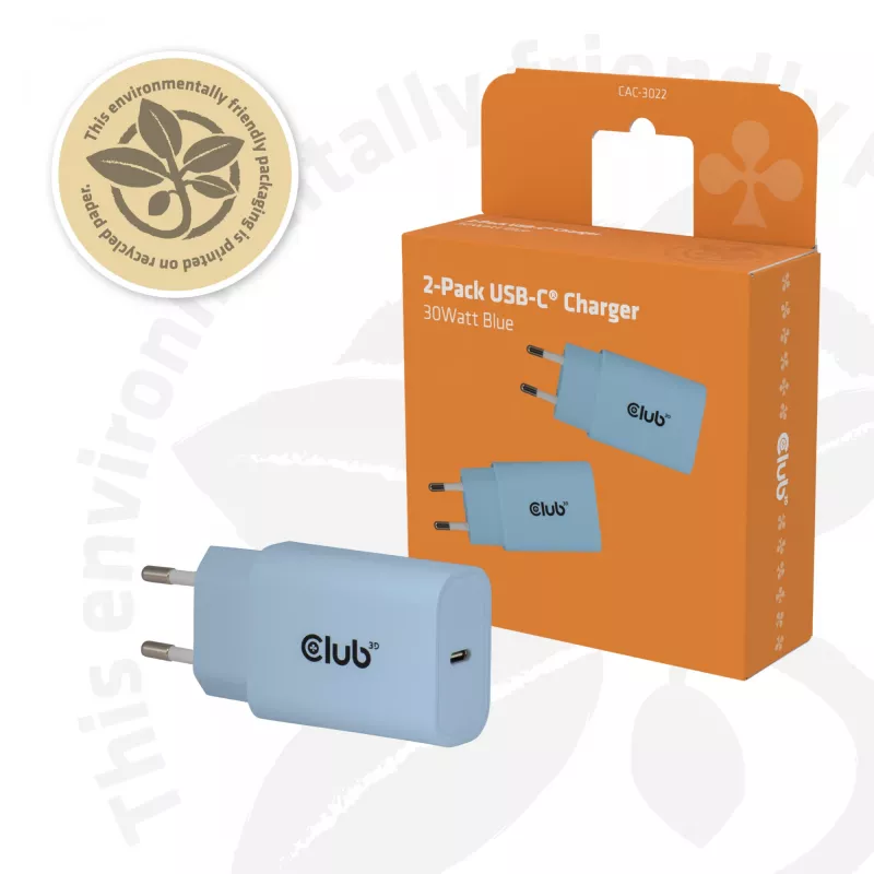 CLUB3D 2-Pack USB-C-Ladegerät 30 Watt Weiß, Innenbereich, AC, Blau