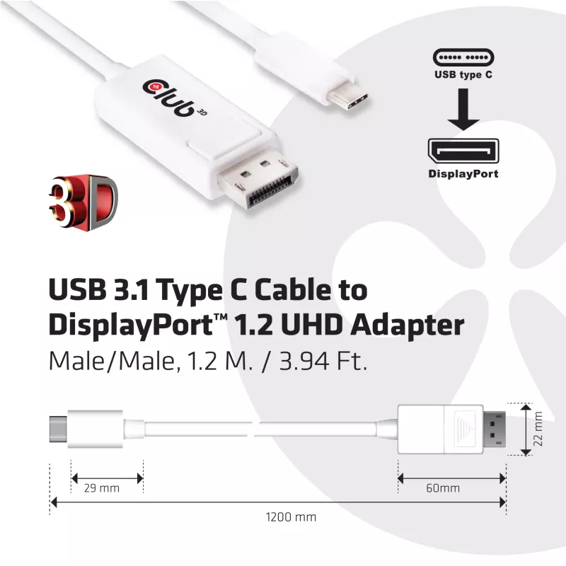 CLUB3D USB 3.1 Typ C Kabel auf DisplayPort 1.2 UHD Adapter