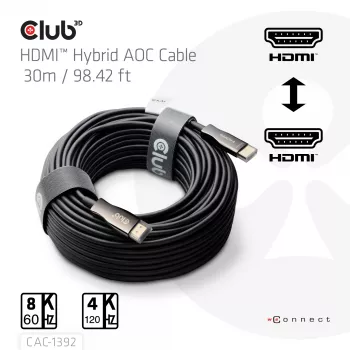 CLUB3D HDMI™ Hybrid AOC Kabel 8K60Hz/4K120Hz 30m / 98,42 ft, 30 m, HDMI Typ A (Standard), HDMI Typ A (Standard), 48 Gbit/s, Schwarz