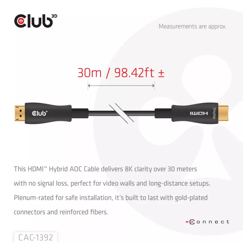 CLUB3D HDMI™ Hybrid AOC Kabel 8K60Hz/4K120Hz 30m / 98,42 ft, 30 m, HDMI Typ A (Standard), HDMI Typ A (Standard), 48 Gbit/s, Schwarz