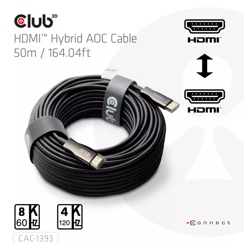 Club 3D HDMI Hybrid AOC Kabel 8K60Hz / 4K120Hz 50 m, HDMI Typ A Stecker–Stecker