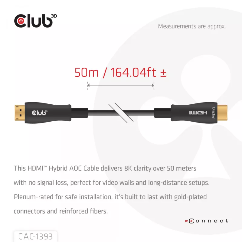 Club 3D HDMI Hybrid AOC Kabel 8K60Hz / 4K120Hz 50 m, HDMI Typ A Stecker–Stecker