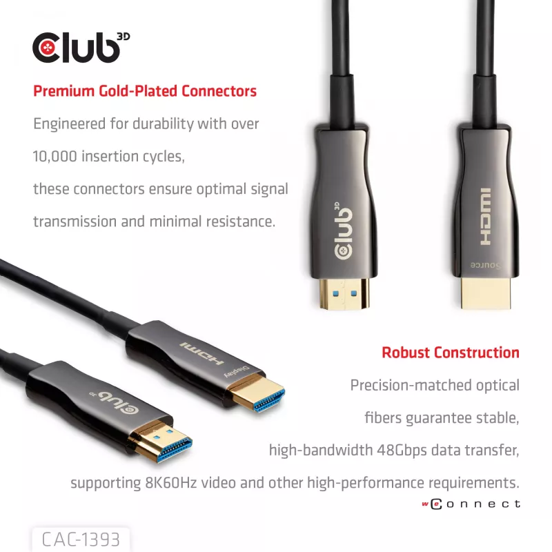 Club 3D HDMI Hybrid AOC Kabel 8K60Hz / 4K120Hz 50 m, HDMI Typ A Stecker–Stecker