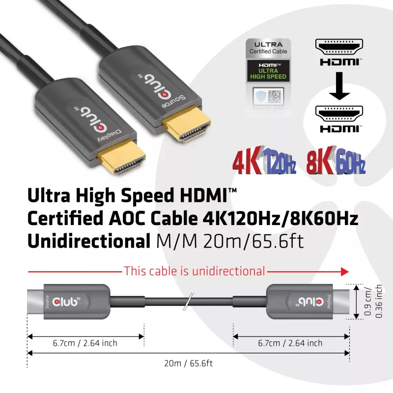 CLUB3D Ultra High Speed HDMI™ Certified AOC Kabel 4K120Hz/8K60Hz Unidirektional Stecker/Stecker 20m/65,6ft