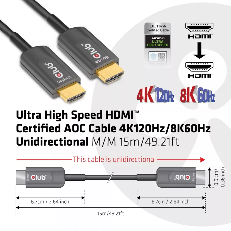 CLUB3D Ultra High Speed HDMI™ Certified AOC Kabel 4K120Hz/8K60Hz Unidirektional M/M 15m