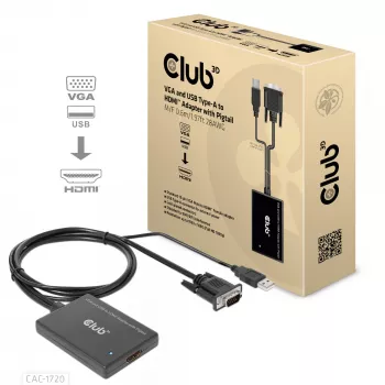 CLUB3D VGA- und USB-Typ-A-auf-HDMI-Adapter mit Pigtail M/F 0,6m/1,97ft 28AWG