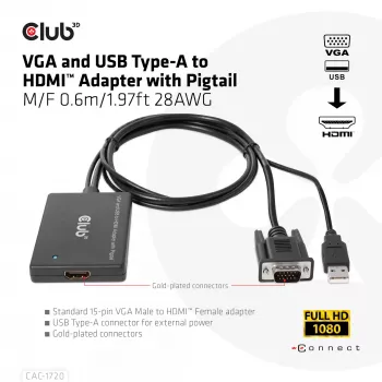 CLUB3D VGA- und USB-Typ-A-auf-HDMI-Adapter mit Pigtail M/F 0,6m/1,97ft 28AWG