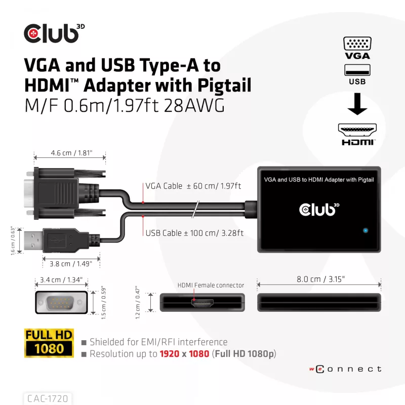 CLUB3D VGA- und USB-Typ-A-auf-HDMI-Adapter mit Pigtail M/F 0,6m/1,97ft 28AWG