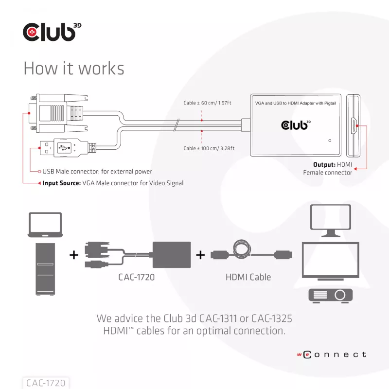 CLUB3D VGA- und USB-Typ-A-auf-HDMI-Adapter mit Pigtail M/F 0,6m/1,97ft 28AWG