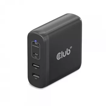 CLUB3D Reiseladegerät 100W GaN-Technologie, vier Anschlüsse USB Typ-A(2x) und -C(2x), Power Delivery(PD) 3.0 Unterstützung