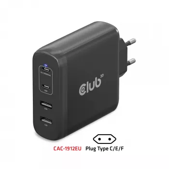 CLUB3D Reiseladegerät 100W GaN-Technologie, vier Anschlüsse USB Typ-A(2x) und -C(2x), Power Delivery(PD) 3.0 Unterstützung