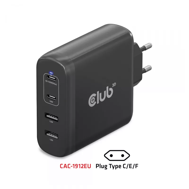 CLUB3D Reiseladegerät 100W GaN-Technologie, vier Anschlüsse USB Typ-A(2x) und -C(2x), Power Delivery(PD) 3.0 Unterstützung