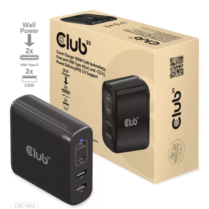 CLUB3D Reiseladegerät 100W GaN-Technologie, vier Anschlüsse USB Typ-A(2x) und -C(2x), Power Delivery(PD) 3.0 Unterstützung