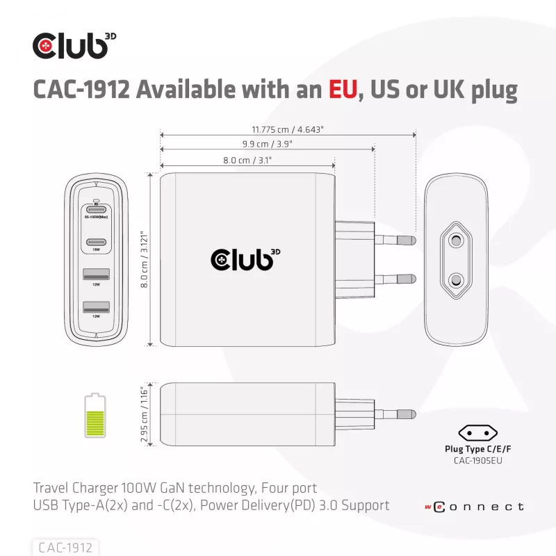 CLUB3D Reiseladegerät 100W GaN-Technologie, vier Anschlüsse USB Typ-A(2x) und -C(2x), Power Delivery(PD) 3.0 Unterstützung