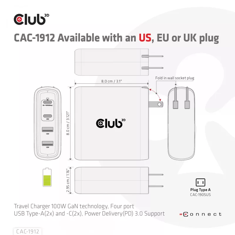 CLUB3D Reiseladegerät 100W GaN-Technologie, vier Anschlüsse USB Typ-A(2x) und -C(2x), Power Delivery(PD) 3.0 Unterstützung