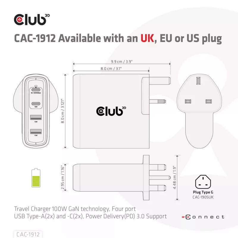 CLUB3D Reiseladegerät 100W GaN-Technologie, vier Anschlüsse USB Typ-A(2x) und -C(2x), Power Delivery(PD) 3.0 Unterstützung