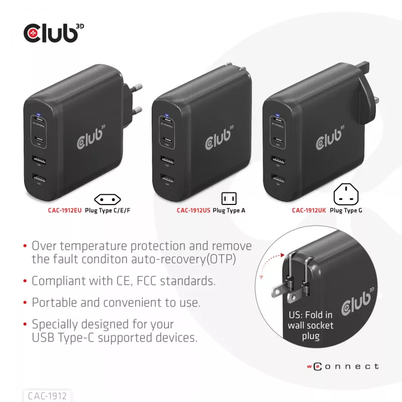 CLUB3D Reiseladegerät 100W GaN-Technologie, vier Anschlüsse USB Typ-A(2x) und -C(2x), Power Delivery(PD) 3.0 Unterstützung