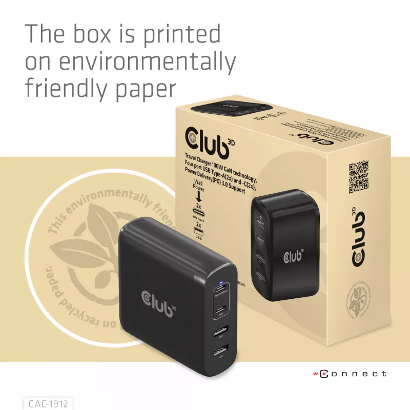 CLUB3D Reiseladegerät 100W GaN-Technologie, vier Anschlüsse USB Typ-A(2x) und -C(2x), Power Delivery(PD) 3.0 Unterstützung