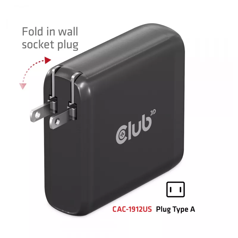 CLUB3D Reiseladegerät 100W GaN-Technologie, vier Anschlüsse USB Typ-A(2x) und -C(2x), Power Delivery(PD) 3.0 Unterstützung