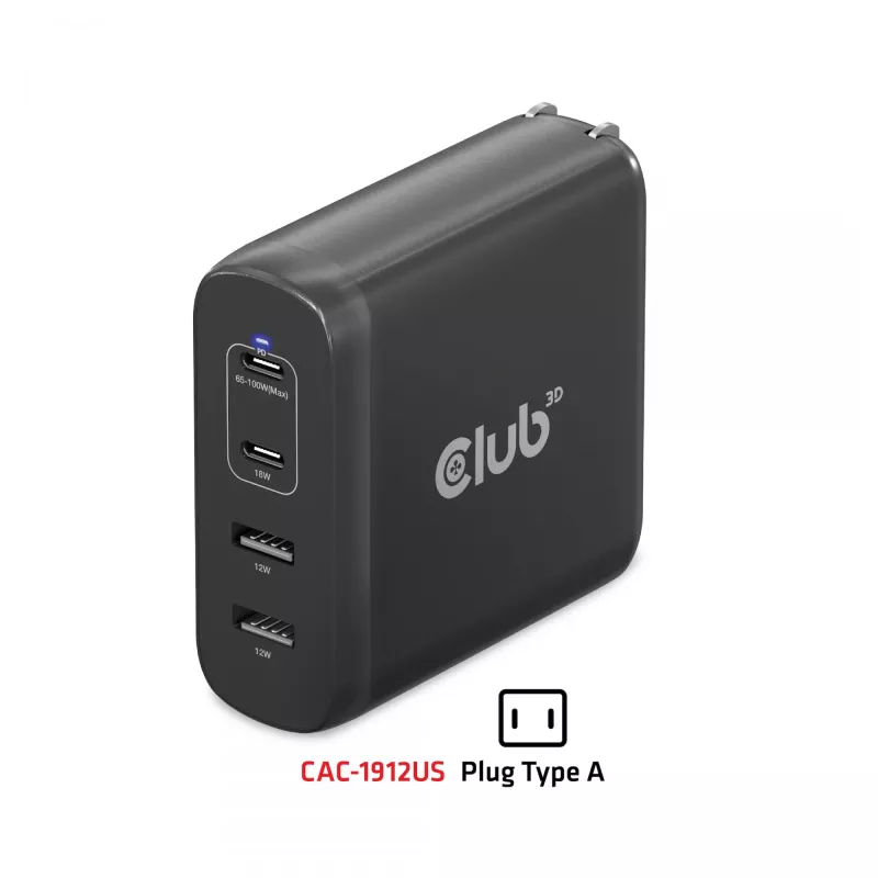 CLUB3D Reiseladegerät 100W GaN-Technologie, vier Anschlüsse USB Typ-A(2x) und -C(2x), Power Delivery(PD) 3.0 Unterstützung