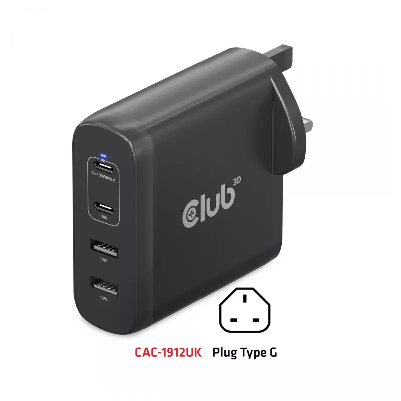 CLUB3D Reiseladegerät 100W GaN-Technologie, vier Anschlüsse USB Typ-A(2x) und -C(2x), Power Delivery(PD) 3.0 Unterstützung