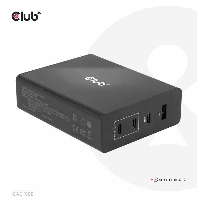 CLUB3D Reiseladegerät 132W GaN-Technologie, vier Ports USB Typ-A und -C, Power Delivery (PD) 3.0 Unterstützung