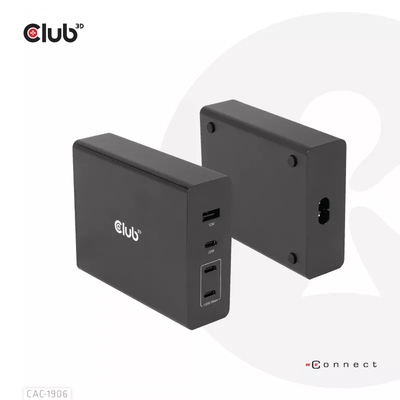 CLUB3D Reiseladegerät 132W GaN-Technologie, vier Ports USB Typ-A und -C, Power Delivery (PD) 3.0 Unterstützung