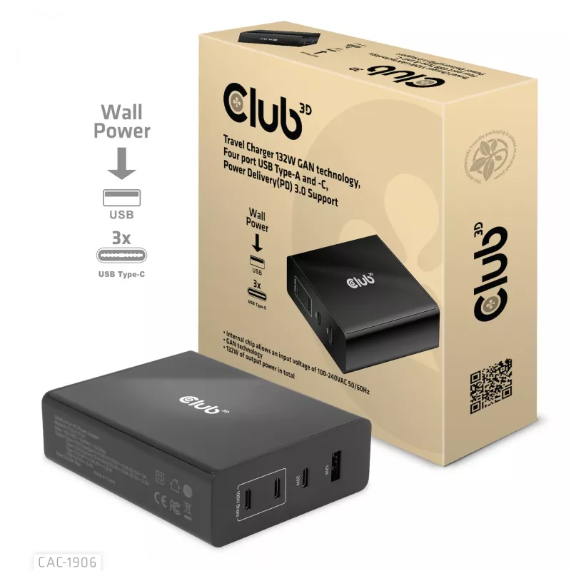 CLUB3D Reiseladegerät 132W GaN-Technologie, vier Ports USB Typ-A und -C, Power Delivery (PD) 3.0 Unterstützung