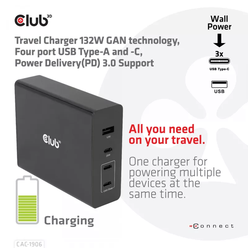 CLUB3D Reiseladegerät 132W GaN-Technologie, vier Ports USB Typ-A und -C, Power Delivery (PD) 3.0 Unterstützung