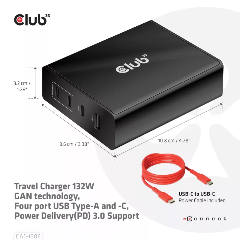 CLUB3D Reiseladegerät 132W GaN-Technologie, vier Ports USB Typ-A und -C, Power Delivery (PD) 3.0 Unterstützung