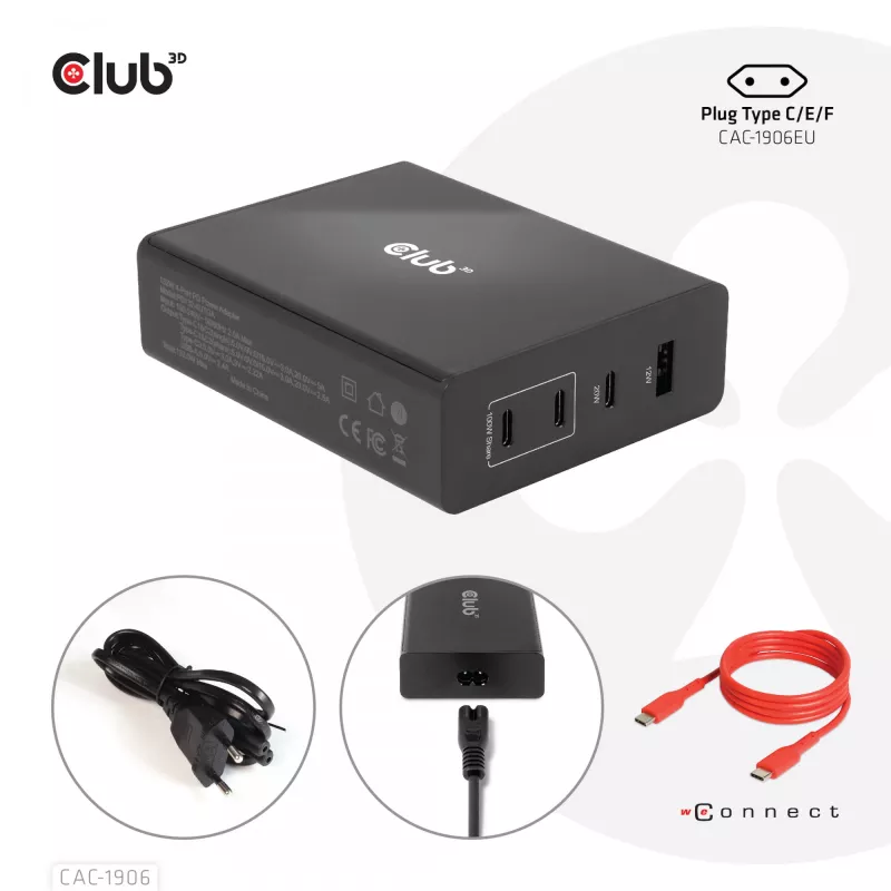 CLUB3D Reiseladegerät 132W GaN-Technologie, vier Ports USB Typ-A und -C, Power Delivery (PD) 3.0 Unterstützung