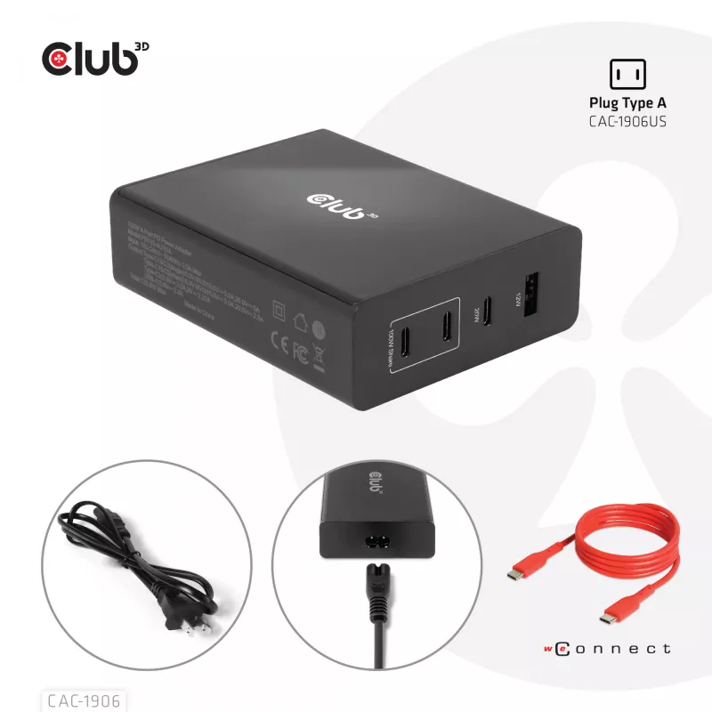 CLUB3D Reiseladegerät 132W GaN-Technologie, vier Ports USB Typ-A und -C, Power Delivery (PD) 3.0 Unterstützung