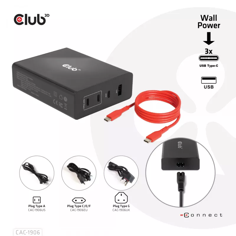 CLUB3D Reiseladegerät 132W GaN-Technologie, vier Ports USB Typ-A und -C, Power Delivery (PD) 3.0 Unterstützung