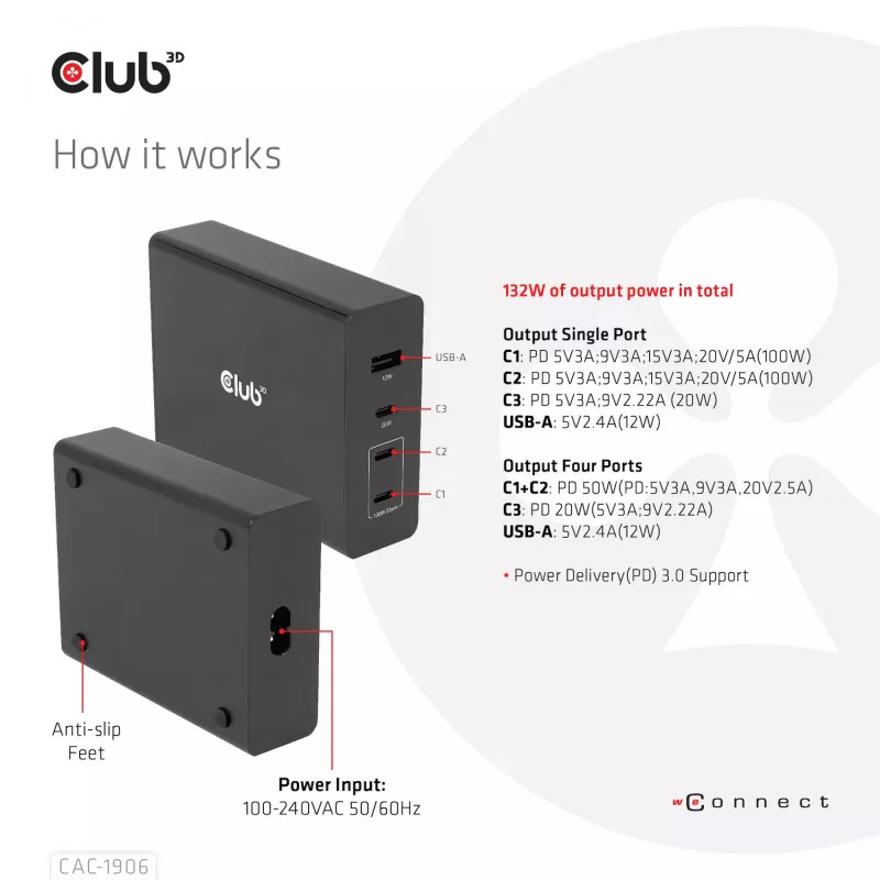 CLUB3D Reiseladegerät 132W GaN-Technologie, vier Ports USB Typ-A und -C, Power Delivery (PD) 3.0 Unterstützung