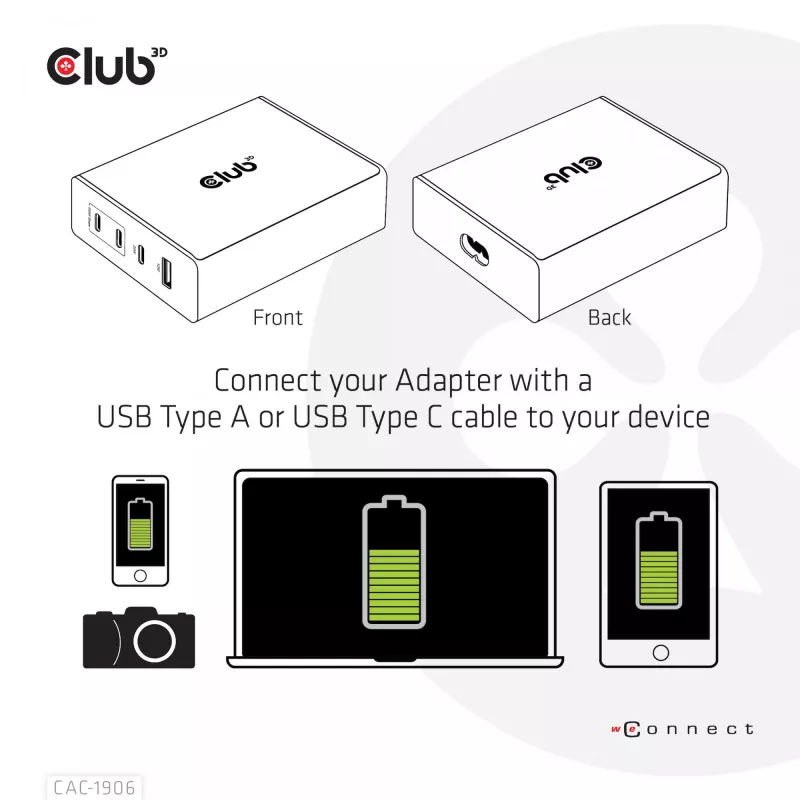 CLUB3D Reiseladegerät 132W GaN-Technologie, vier Ports USB Typ-A und -C, Power Delivery (PD) 3.0 Unterstützung