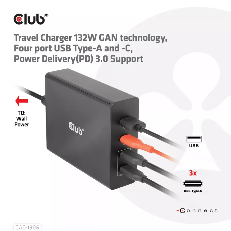CLUB3D Reiseladegerät 132W GaN-Technologie, vier Ports USB Typ-A und -C, Power Delivery (PD) 3.0 Unterstützung